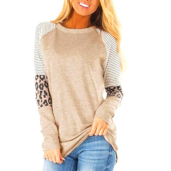 Long Sleeve Leopard Color Block Round Neck TAN - Picture 2 of 5